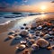 a peaceful scene of seashells scattered on a deserted sandy beach trending on art station sharp
