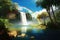 peaceful scenery of tranquil waterfall with rainbow and clear blue sky