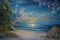 Peaceful seaside scene with a tranquil beach and a starry sky