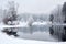 peaceful and serene winter landscape with snow-covered trees, a peaceful pond, and a touch of holiday spirit