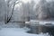 peaceful and serene winter landscape with snow-covered trees, a peaceful pond, and a touch of holiday spirit