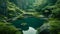 Peaceful Serenity, Green Zen Garden with Pond and Mountain Surroundings, Generative AI