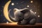 Peaceful slumber of a cute little elephant under a crescent moon with stars