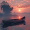 The peaceful solitude of a canoe on a misty lake at dawn