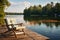 Peaceful solitude Wooden dock and lounge chair on a calm lake