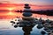 Peaceful spa retreat, balanced stones, vibrant summer sky, serene beach sunset