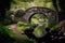 peaceful stone bridge surrounded by lush greenery, with a babbling brook in the background