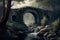 peaceful stone bridge surrounded by lush greenery, with a waterfall in the distance