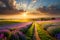 A peaceful, sunlit meadow with a field of wildflowers stretching towards a distant horizon