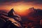 peaceful sunset over mountain range, with wolf lying on the summit