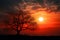 Peaceful sunset Small sun, silhouette tree, tranquil nature, abstract background