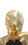 A peaceful superimposed and double exposure images of Golden Buddha statue with forest atmosphere on a clean and white background.