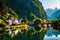 A peaceful Swiss countryside scene, where houses by the river reflect in the clear waters, while the mountains watch over in