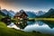 A peaceful Swiss countryside scene, where houses by the river reflect in the clear waters, while the mountains watch over in