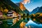A peaceful Swiss riverside scene with traditional wooden houses, their reflections shimmering in the calm waters, surrounded by