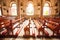 Peaceful time, old church interior with sun beams through window