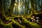 Peaceful tranquil scene in mushroom mossy forest with ground roots