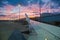 Peaceful twilight evening scene in the airport with a white plane wing