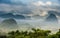 Peaceful view of Vinales valley at sunrise. Aerial View of the Vinales Valley in Cuba. Morning twilight and fog. Fog at dawn in th