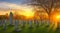 Peaceful village graveyard under the setting sun