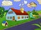 Peaceful village. Houses in different perspective. Hand drawn cartoony style rural landscpae of a country house and