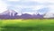 Peaceful watercolor brush stroke landscape. Blurry mountains with snow-covered peaks, gradient green fields and gentle