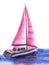 Peaceful watercolor landscape in pastel shades on white background. Sailboat with scarlet sail on blurry blue water with