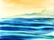 Peaceful watercolor landscape of sunset at sea. Warm yellow sky, illuminated surface of turquoise water and blurry blue