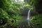 peaceful waterfall surrounded by lush greenery and mist