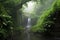 peaceful waterfall surrounded by lush greenery and mist