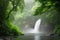 peaceful waterfall surrounded by lush greenery and mist