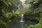 peaceful waterfall, surrounded by lush greenery and misty clouds