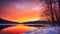 Peaceful winter landscape, sunset over the lake and forest, generative ai