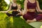 Peaceful women relax, group yoga training