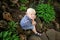 Peaceful Young Boy Sitting in Rock Garden by Green Hosta PLants