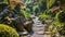 Peaceful Zen garden landscape adorned with green foliage, meditative stones, and soothing energy.