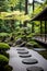 Peaceful Zen garden with raked sand pattern and greenery