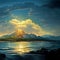 Peacefull sea landscape island with mountains, ocean cloudy sunset on island illustration backdrop