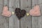 Peach and brown hearts hanging on clothesline
