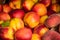 Peach close up fruit background. Peaches a lot