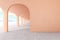 Peach color architectural corridor with empty wall, concrete floor, horizon line.