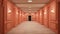 Peach colored hotel hallway with multiple doors and polished floor. Ideal for hotel design, luxury apartment complexes