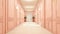 Peach colored hotel hallway with multiple doors and polished floor. Ideal for hotel design, luxury apartment complexes