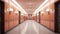 Peach colored hotel hallway with multiple doors and polished floor. Perfect for hotel design, luxury apartment complexes