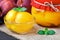 Peach compote with half peaches in glass jars on an old black wooden table