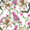 Peach flower on a branch,lily, watercolor, pattern seamless