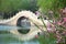 Peach flowers and arch bridge