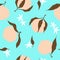 Peach fruits and their blooms. Peach seamless pattern, vector background scalable to any size.