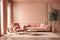 Peach fuzz 2024 trend color of the year in the luxury dining lounge room. Painted mockup wall for art - terracota color