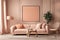 Peach fuzz 2024 trend color of the year in the luxury dining lounge room. Painted mockup wall for art - terracota color.